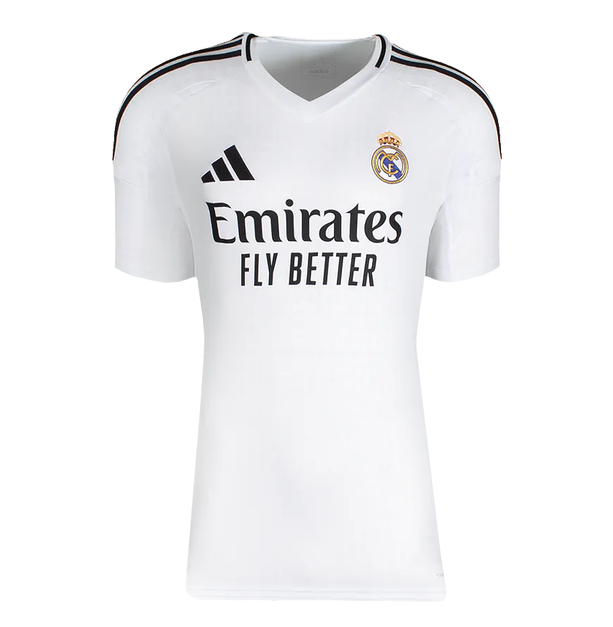 Maillot domicile moderne du Real Madrid de Vinicius Jr, officiel, signé au dos et encadré « Ballon d'Or™ » : vainqueur du prix Sócrates 2023