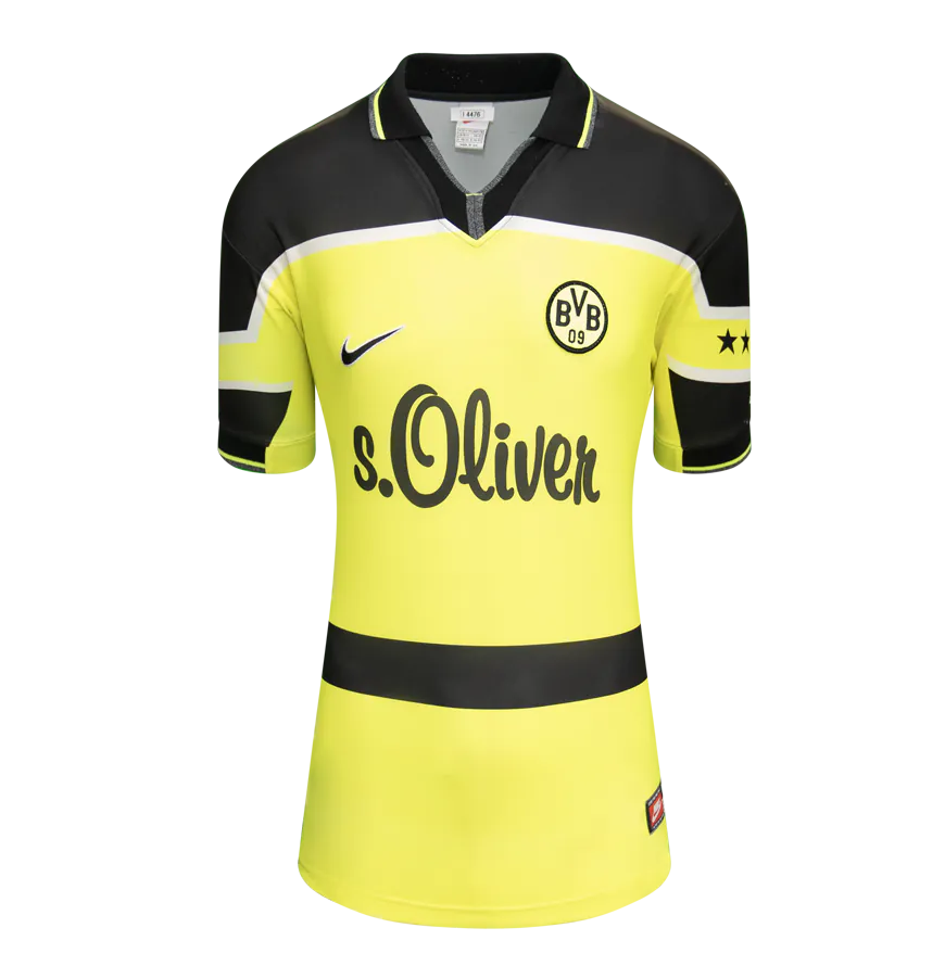 Maillot domicile Borussia Dortmund 1997-98 officiel, signé au dos par Matthias Sammer, Ballon d’Or™, encadré modèle « Hero »