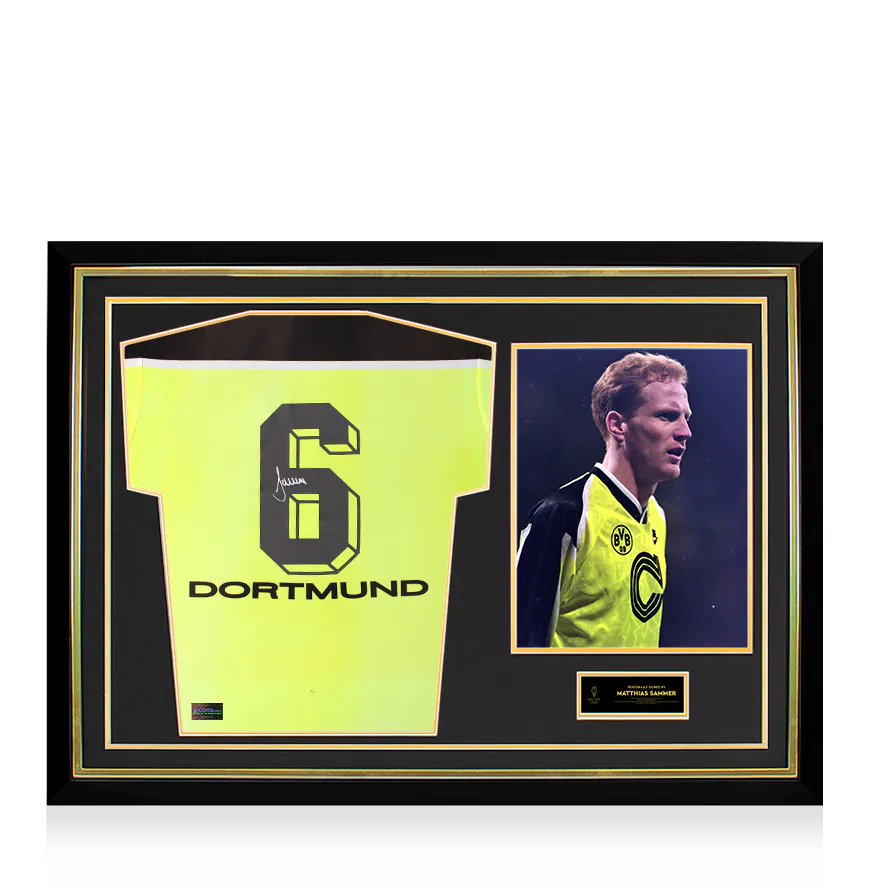 Maillot domicile Borussia Dortmund 1997-98 officiel, signé au dos par Matthias Sammer, Ballon d’Or™, encadré modèle « Hero »