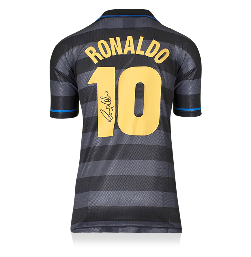 Maillot officiel du Ballon d'Or™ de Ronaldo, signé au dos, encadré avec photo du héros, finale de la Coupe UEFA 1998 de l'Internazionale