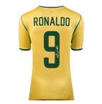 Maillot domicile Brésil 2026 officiel de Ronaldo, signé au dos, avec Ballon d'Or™ et cadre héros