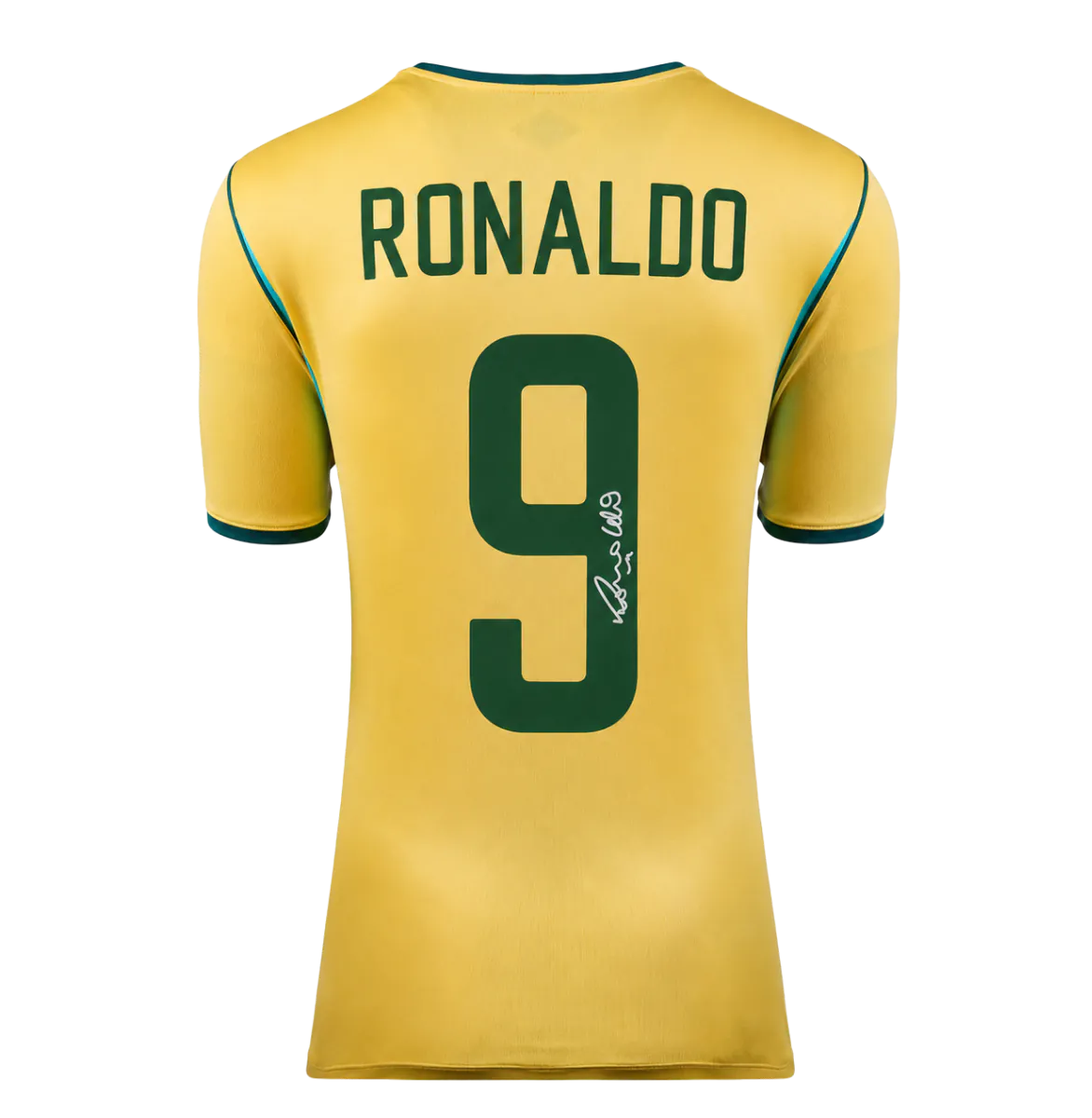 Maillot domicile Brésil 2026 officiel de Ronaldo, signé au dos, avec Ballon d'Or™ et cadre héros
