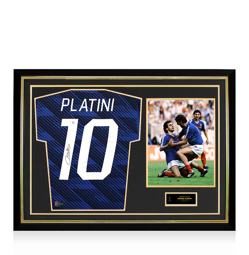 Maillot domicile France 2026 officiel, dédicacé au dos par Michel Platini, Ballon d’Or™ et encadré « Hero »