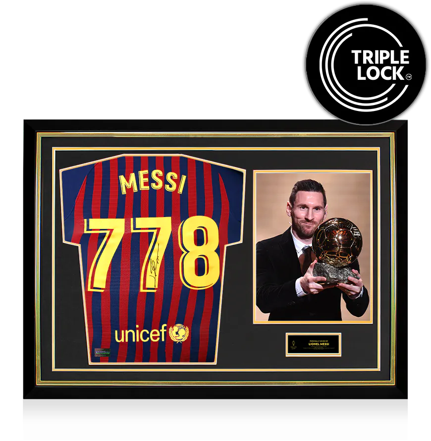Lionel Messi Official Ballon d'Or™ Back Signed and Hero Framed Barcelona 2018-19 Authentic Home Shirt: 778 Appearances Edition