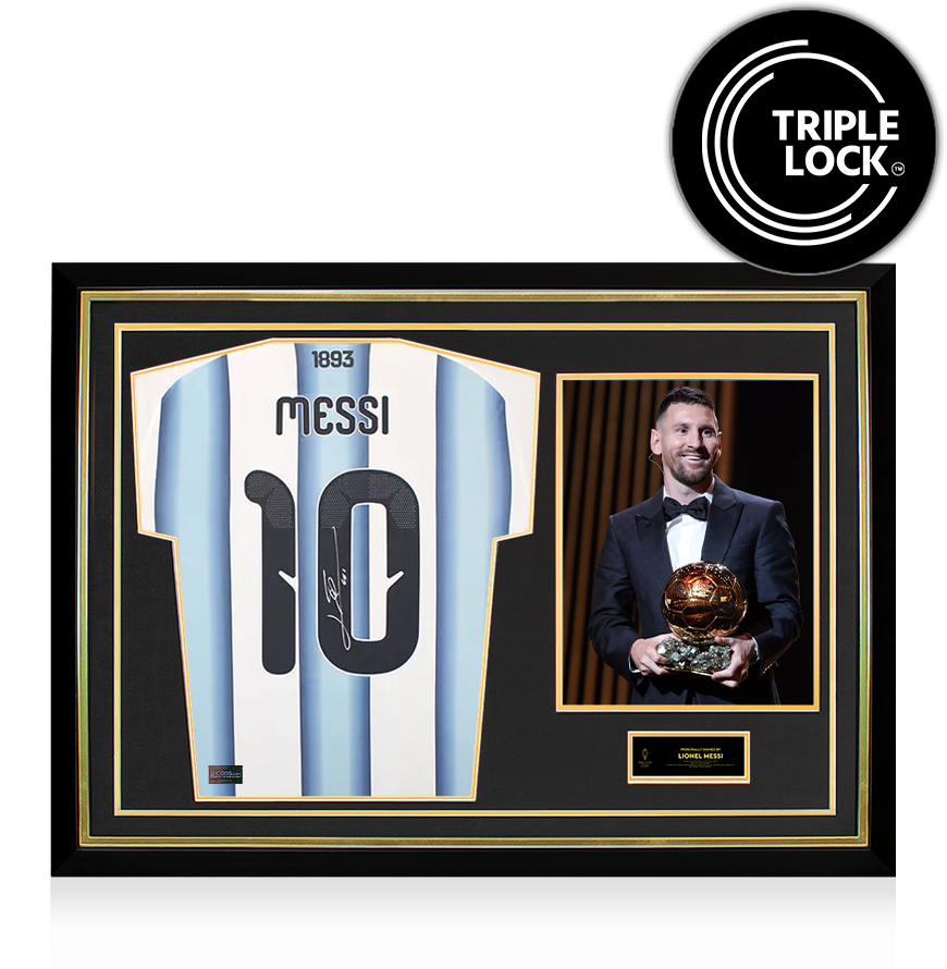 Lionel Messi Official Ballon d'Or™ Back Signed and Hero Framed Argentina 2026 Home Shirt